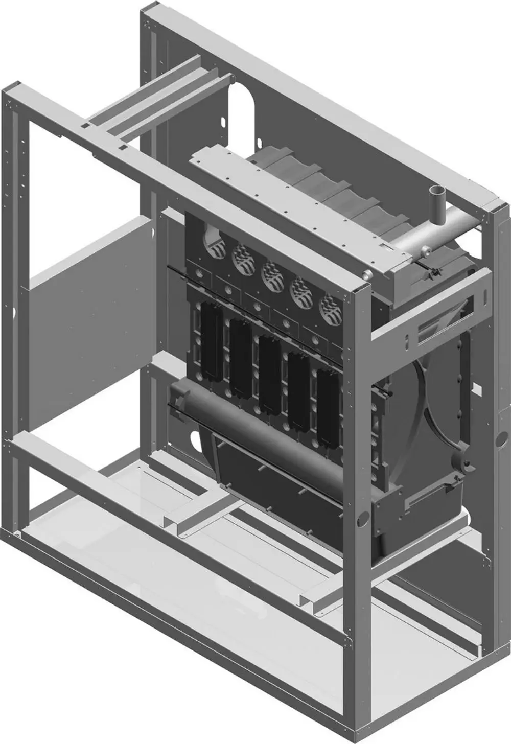 BOSCH Kesselblock, dargestellt in einer technischen 3D-Ansicht, zeigt den zentralen Heizungsblock mit mehreren Zylindern und Verbindungsrohren, in einem metallenen Rahmengestell.
